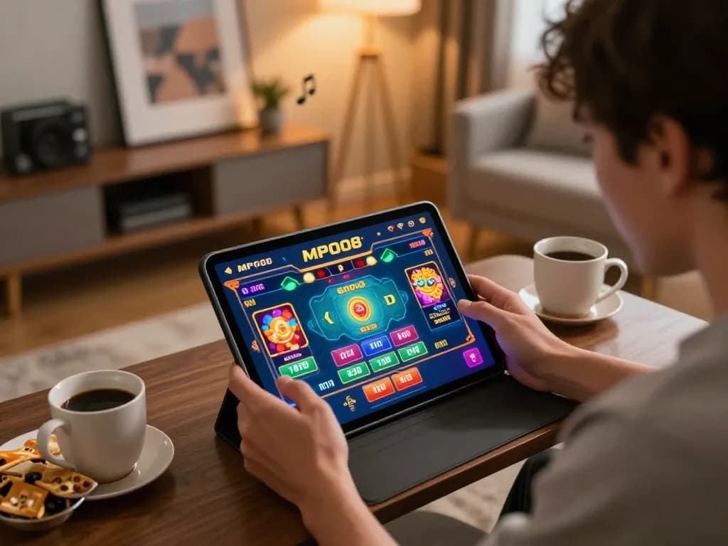 MPO08 platform displaying interactive casino games on a tablet in a cozy home setup