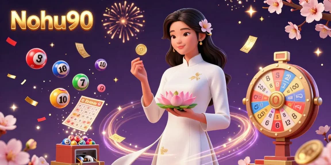 Nohu90 features an elegant woman in a traditional ao dai amidst a dynamic casino scene with vibrant game elements.