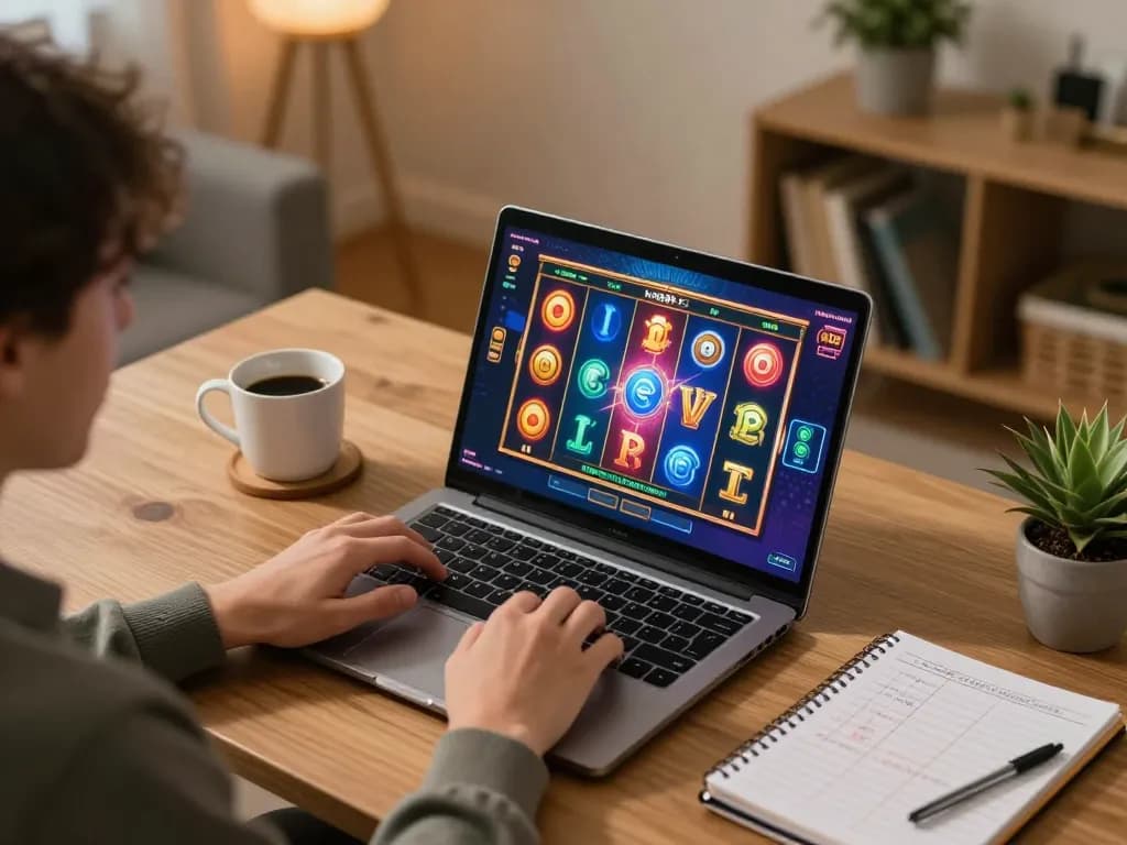 Exciting gameplay on a situs gacor slot displayed on a laptop, showcasing vibrant graphics and strategic betting.