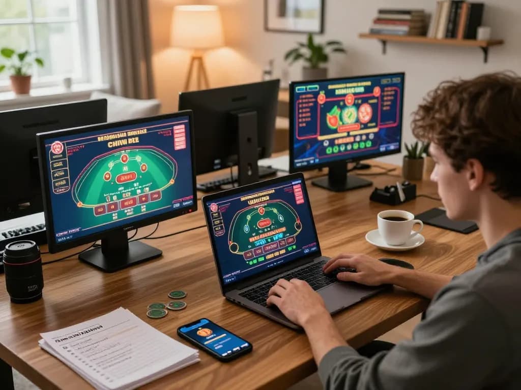 Engaged player using Sunwin app on laptop at home, showcasing online casino gameplay.