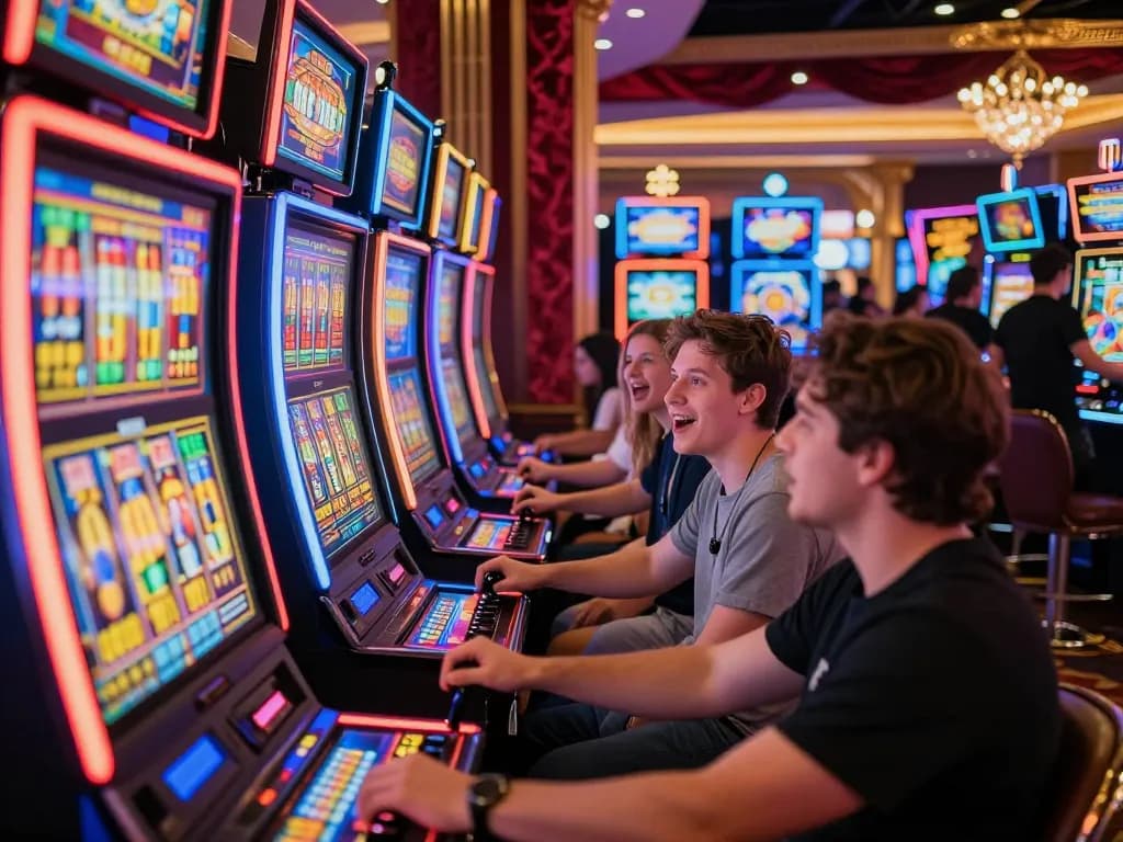 Excited players engaging with slot machines for a chance at a slot bonus in a lively casino atmosphere
