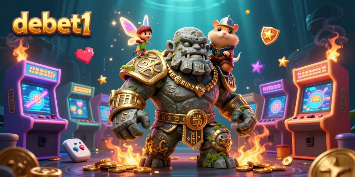Engage with debet1's vibrant 3D golem guardian and magical elements in an immersive casino scene.