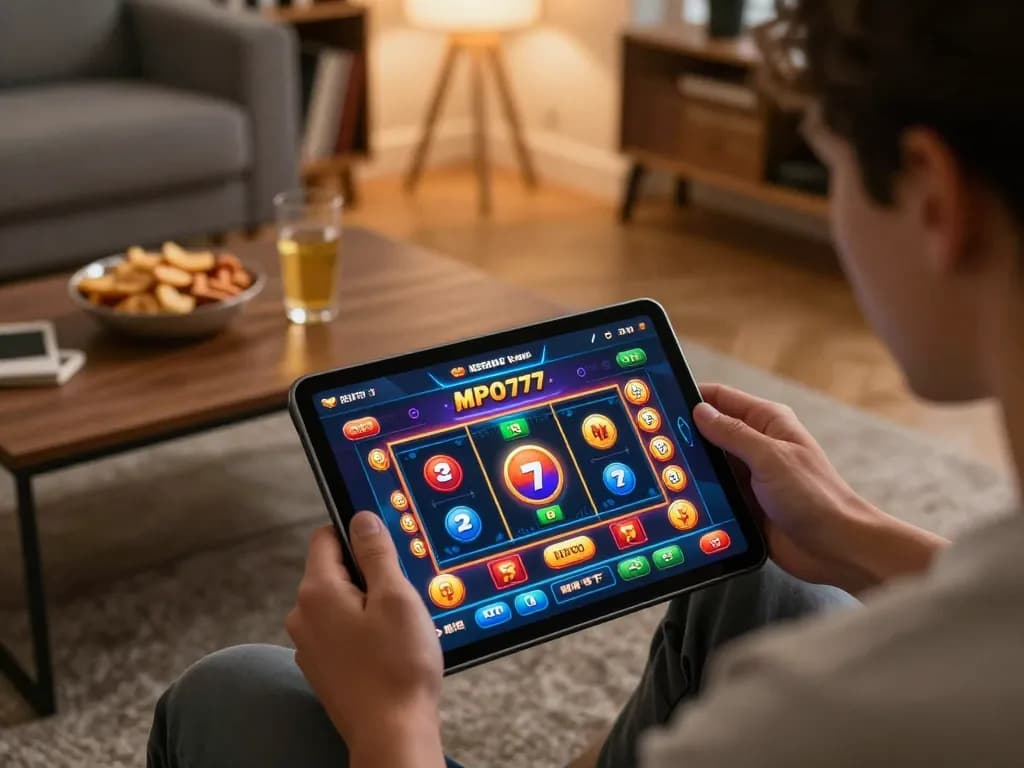 Pemain MPO777 menikmati pengalaman permainan online di setup rumah yang stylish, menampilkan permainan menarik di tablet.