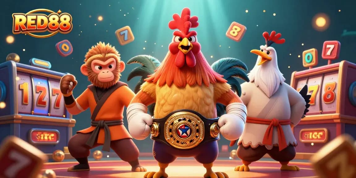Engage with RED88's vibrant casino gaming scene featuring dynamic characters and rich gambling elements.