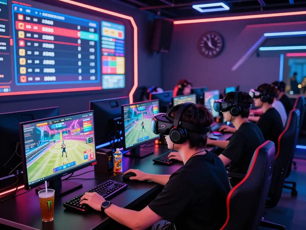 Engaging online gaming experience at https://www.aapkadictionary.com/zeal/ showcasing players using consoles and VR in a high-tech environment.