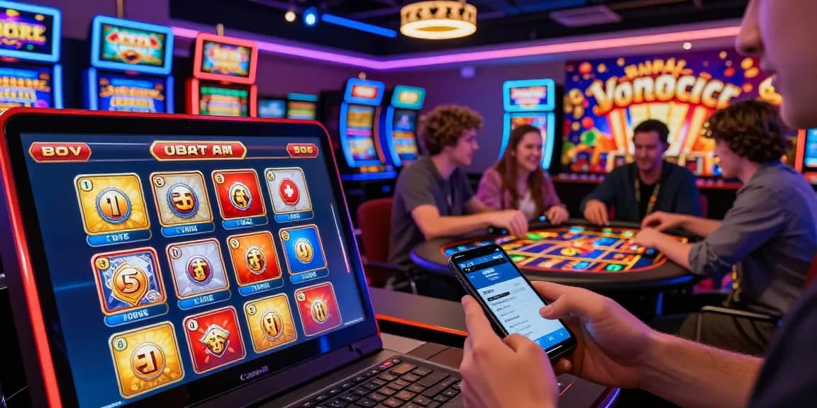 Engaging scene of credit card casinos showcasing excited players using smartphones and vibrant gaming interfaces.