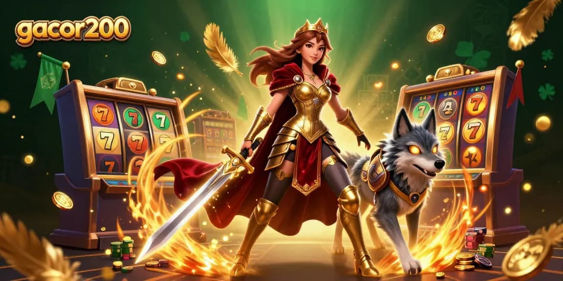 Experience gacor200 with a stunning casino scene featuring a warrior queen and dynamic gaming elements.