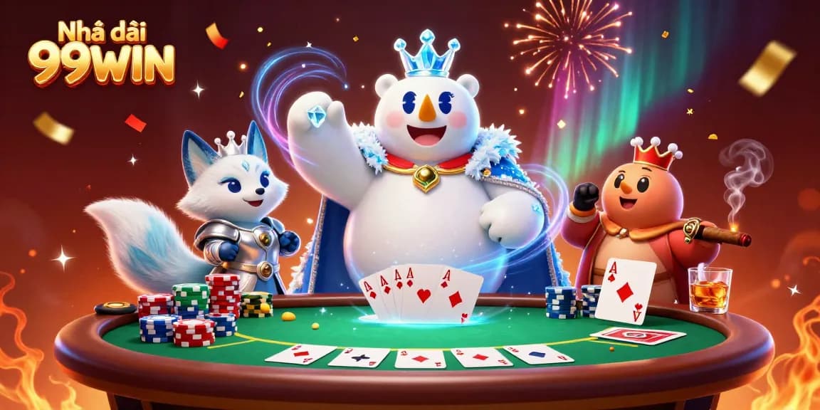Experience excitement at Nhà cái 99WIN with a thrilling poker showdown featuring vibrant card elements and characters.