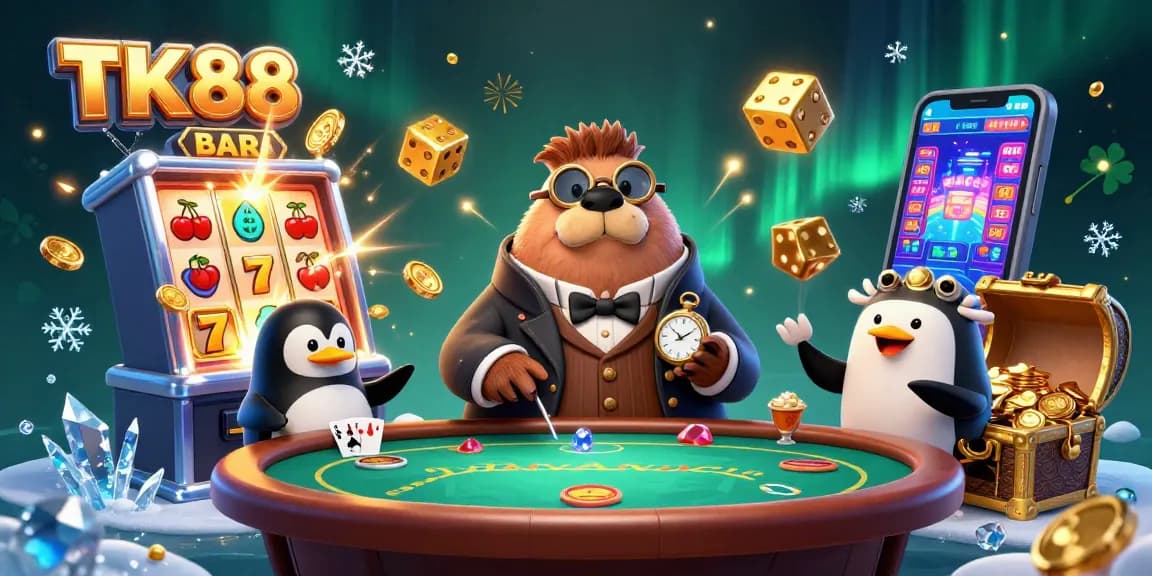 Experience exciting gameplay at TK88 with a jolly walrus, penguin dealer, and pufferfish player at an underwater casino table.