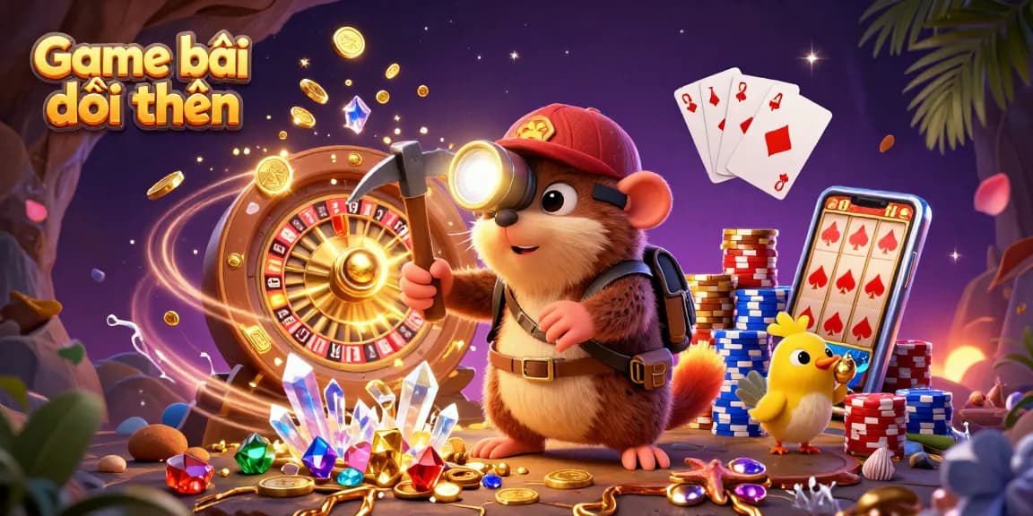 Engage in Game bài đổi thưởng with a treasure hunter in a vibrant casino scene.