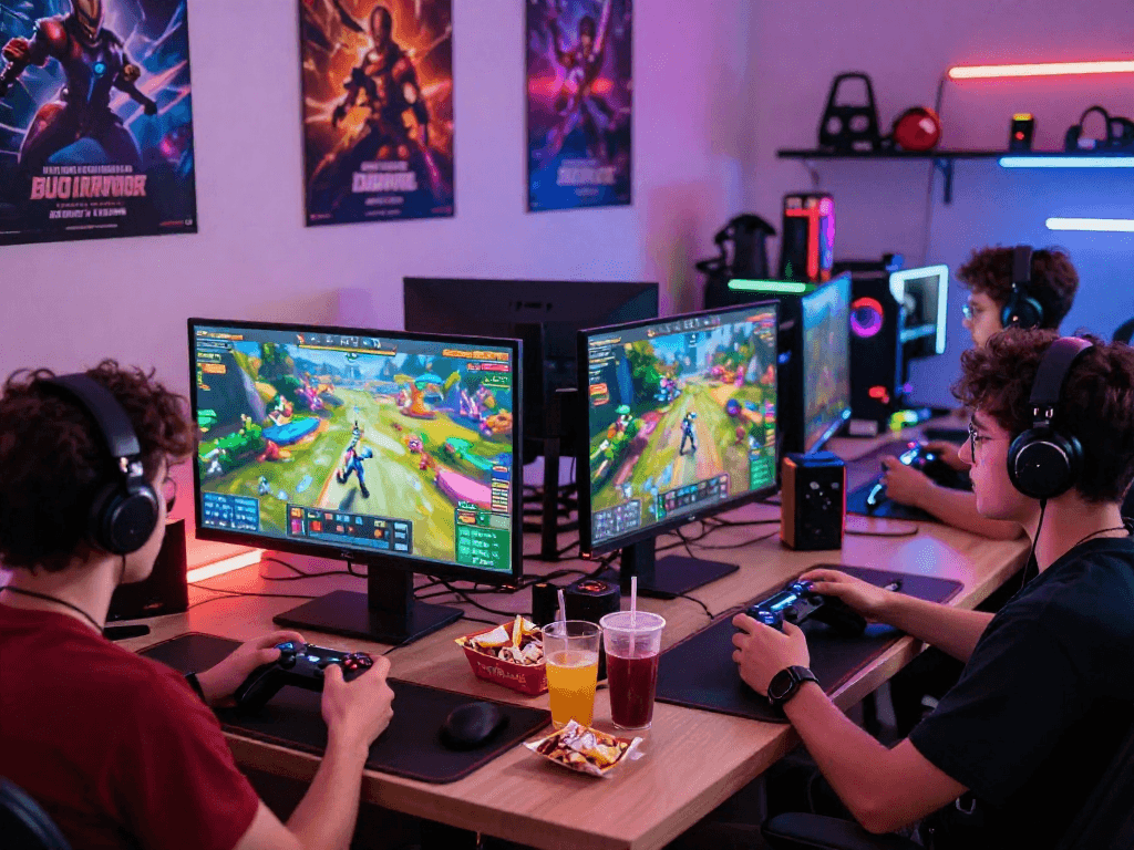 Players enjoying MPOCASH gaming on dual screens with vibrant lighting