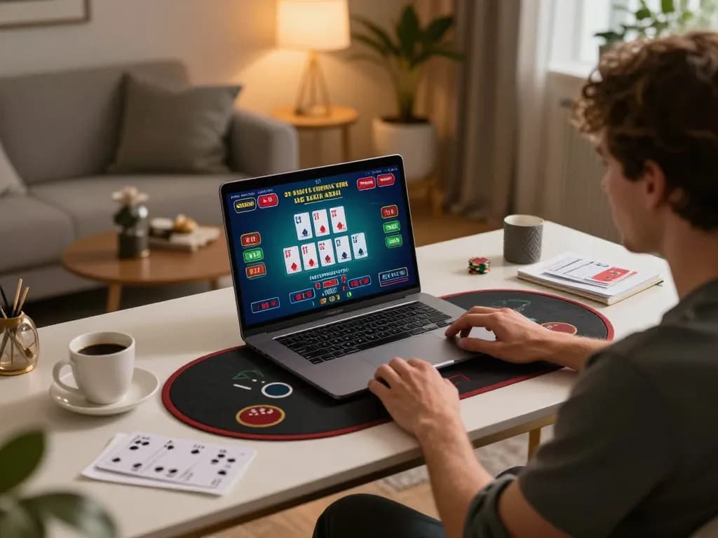 Engaged player at their online gaming setup, enjoying blackjack on kubet79 platform.