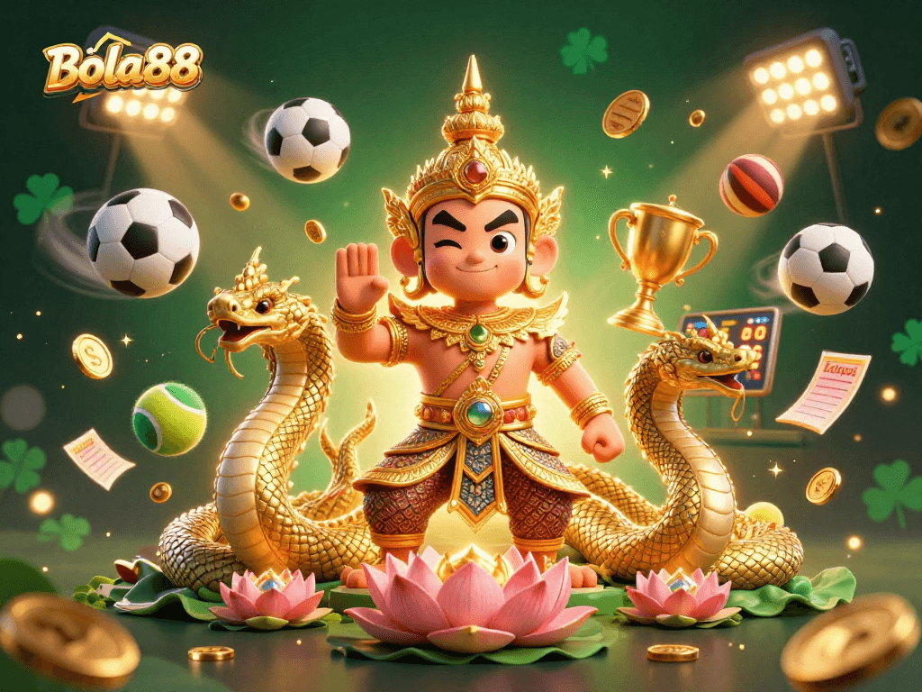 Bola88 menghadirkan keseruan taruhan olahraga dengan karakter penjaga kuil Thai dan naga, di tengah elemen permainan yang menarik.