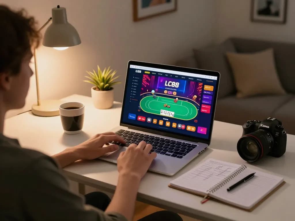 Player engaging in strategic online poker gameplay at LC88 site in cozy home environment