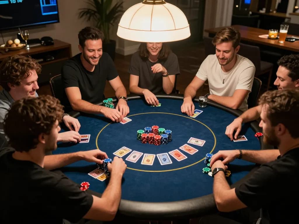 LIGALGO players enjoying an exciting Texas Hold'em poker game with vibrant chips and community cards.