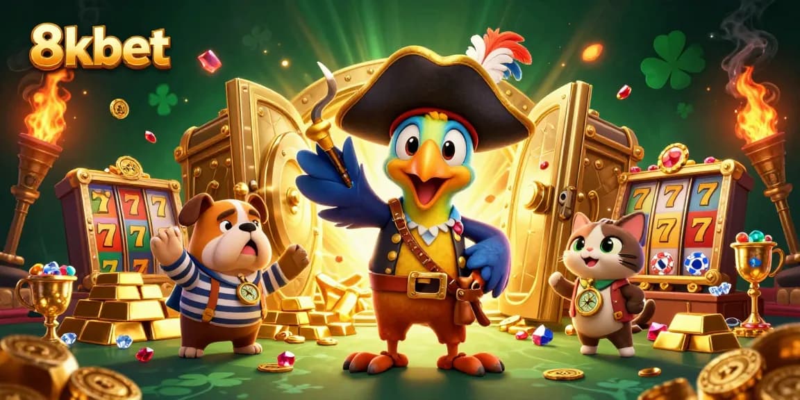 Experience the excitement of 8kbet with vibrant slot reels and colorful casino treasures.