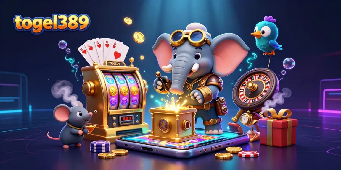 Experience the thrill of togel389 with a steampunk theme, featuring a vibrant slot machine scene.