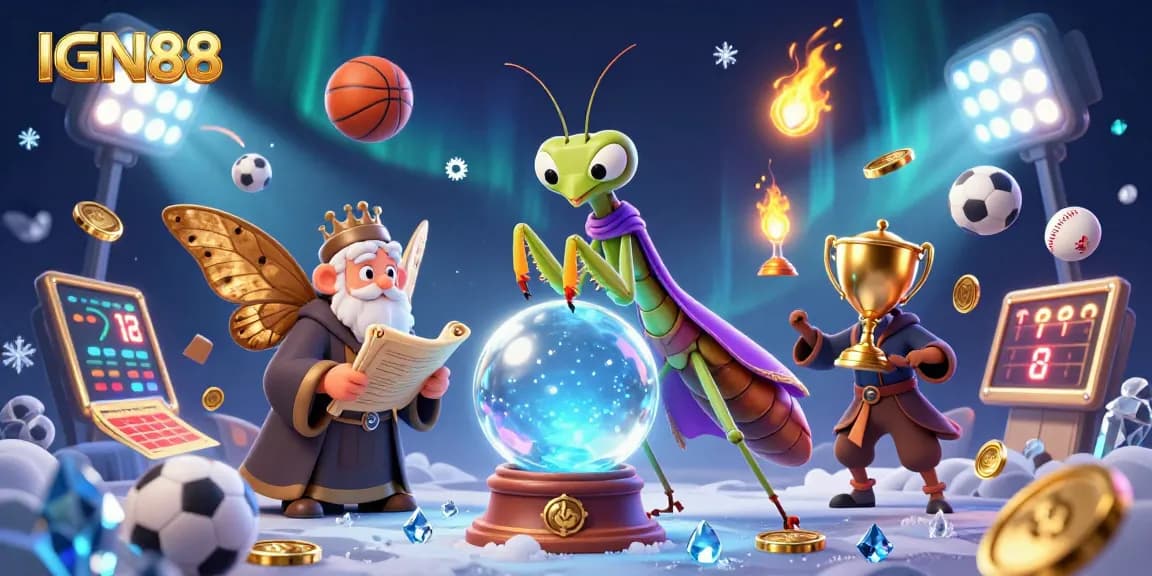 Play with IGN88 to win in a vibrant scene featuring fortune tellers and dynamic sports elements.