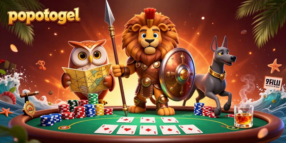 Play at popotogel with a Spartan lion and owl strategist engaging in a dynamic poker scene.