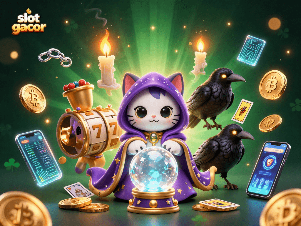 Spin on slot gacor games with a mystical cat and raven, surrounded by crypto elements.
