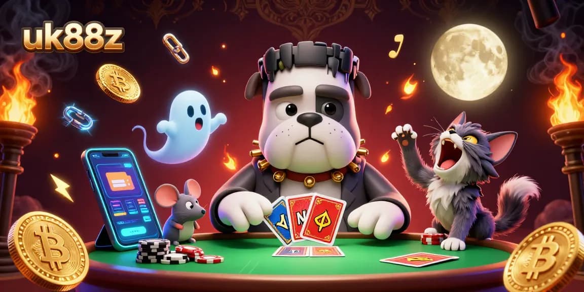uk88z thrills with a 3D Frankenstein bulldog dealing cards at a crypto-themed casino table.