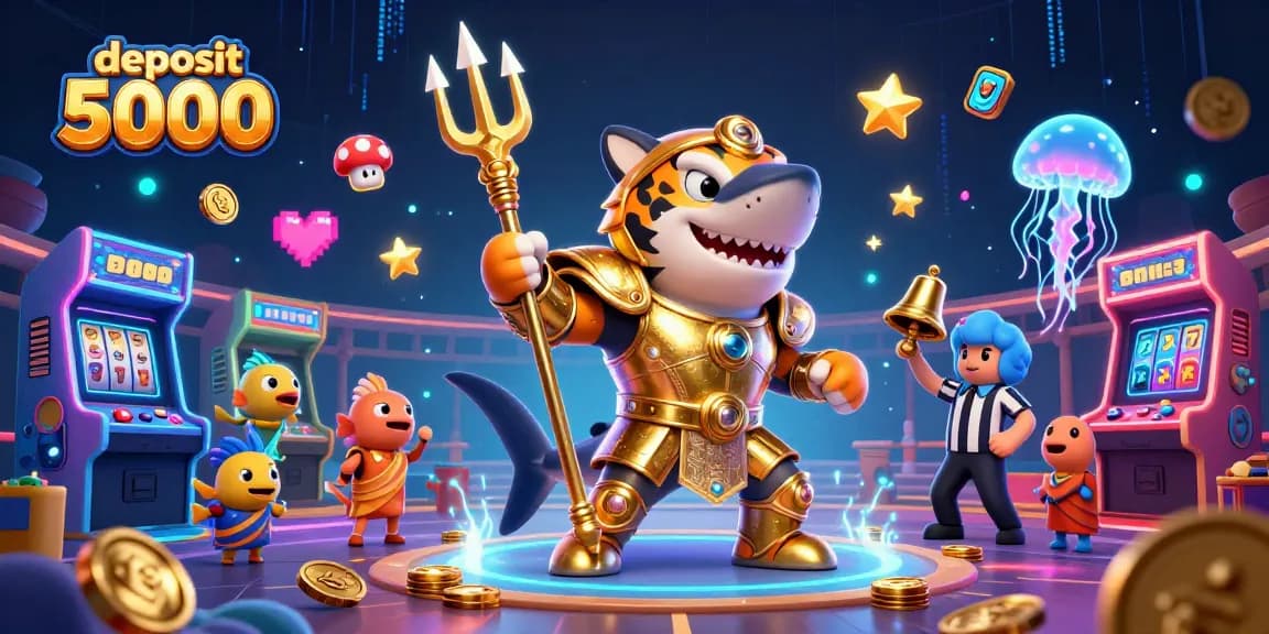 Join the exciting adventure of deposit 5000 with a colorful casino-themed 3D illustration featuring a tiger shark and gaming elements.