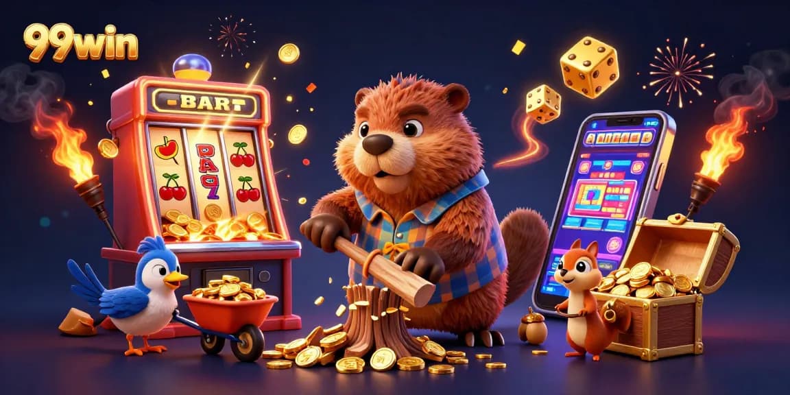 Experience the excitement of 99win with a vibrant casino scene showcasing golden coins, slots, and animated characters.