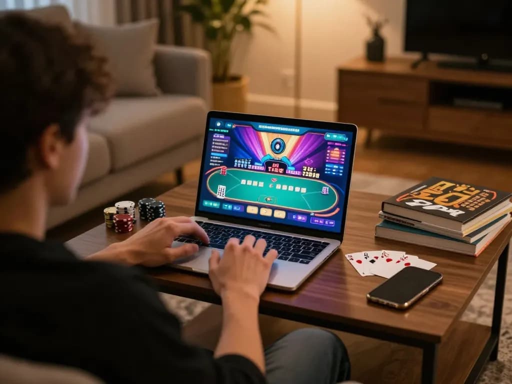 Engaged player using f8betlv on laptop for strategic poker gameplay in a cozy home
