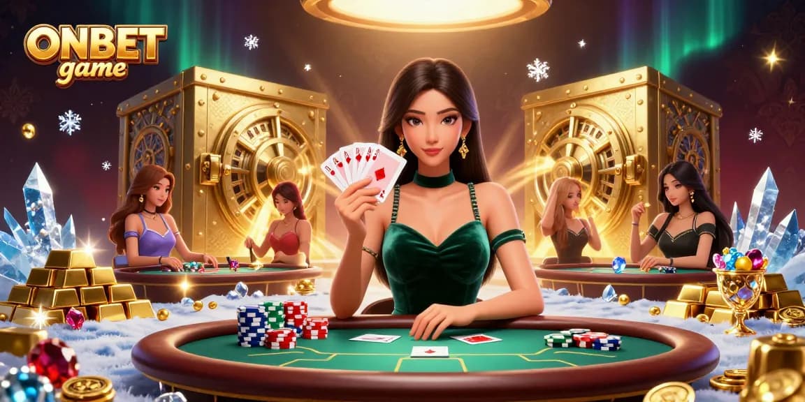 Experience ONBET game with a beautiful Asian woman at a luxury poker table amidst treasure and glamour.