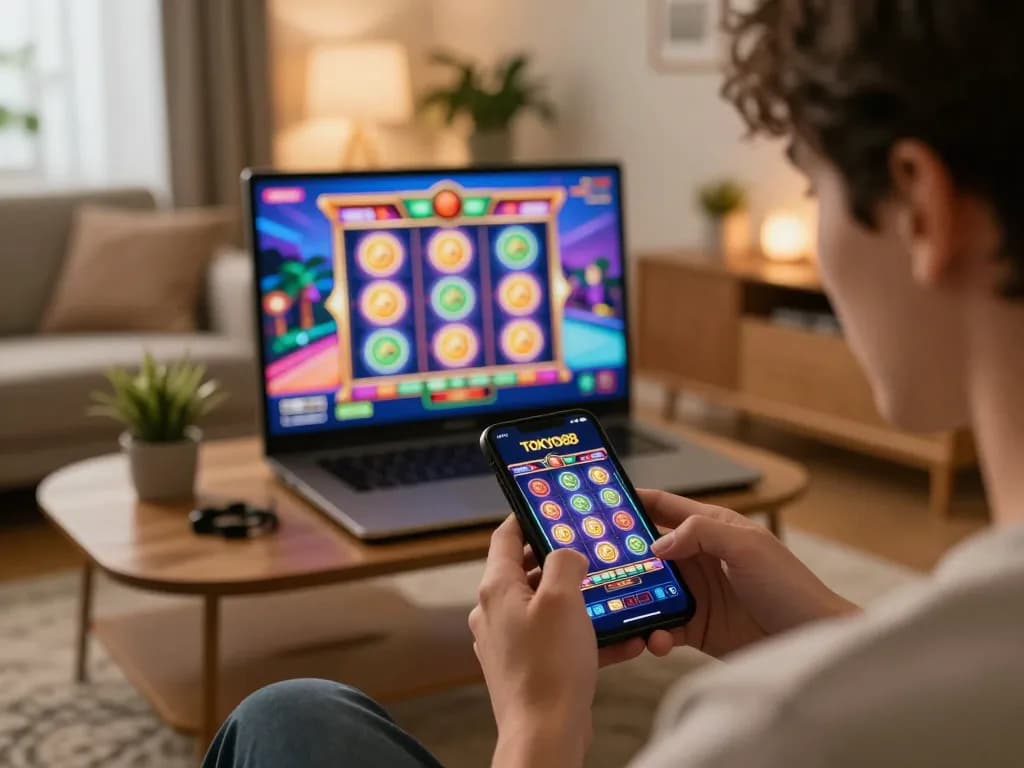 Pemain yang terlibat dengan aplikasi kasino tokyo88 di smartphone, menampilkan kegembiraan judi online