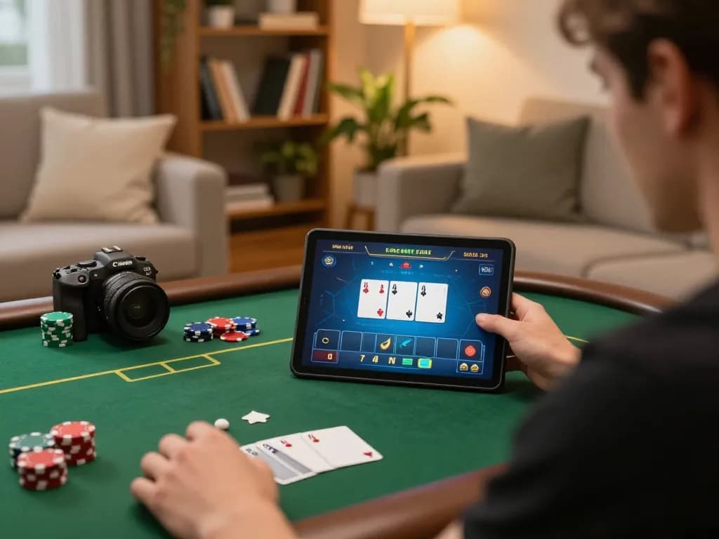 Jun88 player strategizing in live poker game on tablet at home.