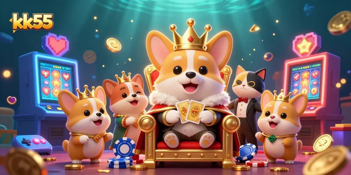 Experience the excitement of kk55 with vibrant slots, a royal corgi, and lively gaming elements!