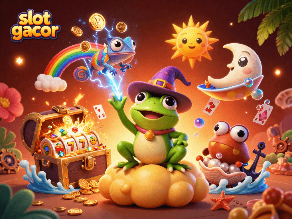 Experience slot gacor action with a frog wizard and chameleon surfing on golden coins.