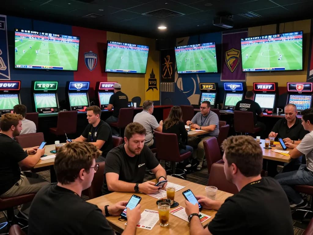 Soi kèo nhà cái in action as bettors engage with sports betting screens during a live game event.