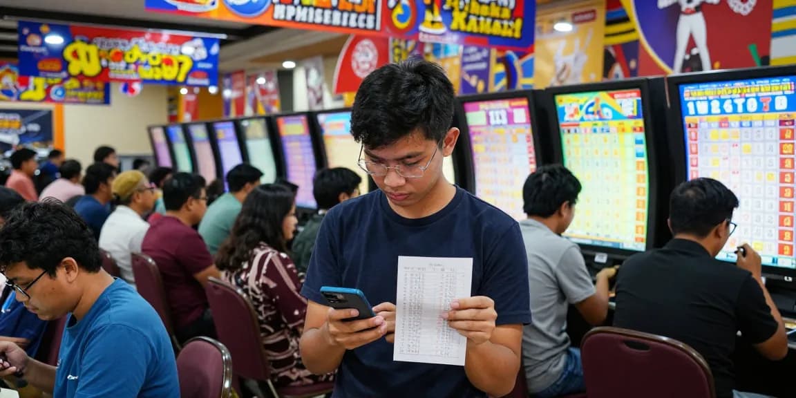 Suasana ramai di lounge taruhan togel dengan pemain memantau hasil langsung dan memilih nomor, menampilkan juragan togel secara menarik.
