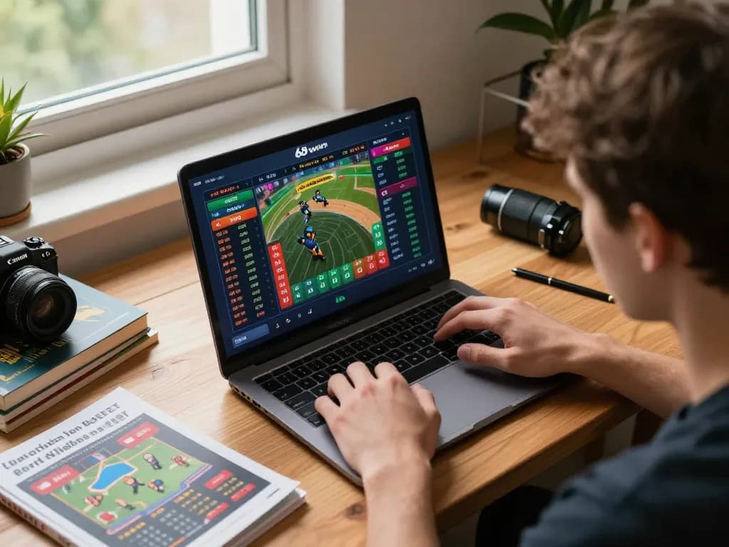 Engaging in sports betting on a laptop at home with 68win's interface displayed.