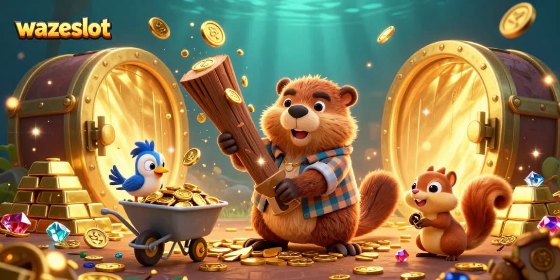 Experience high win rates at wazeslot with this vibrant 3D casino illustration featuring dynamic characters and treasures.