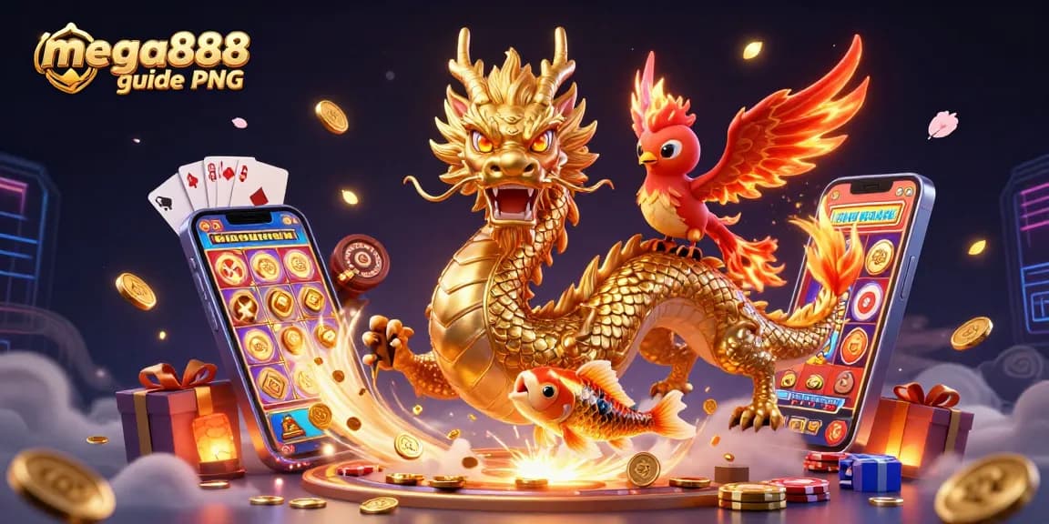 Play exciting slots on mega888 guide PNG with vibrant visuals and immersive gaming experience.