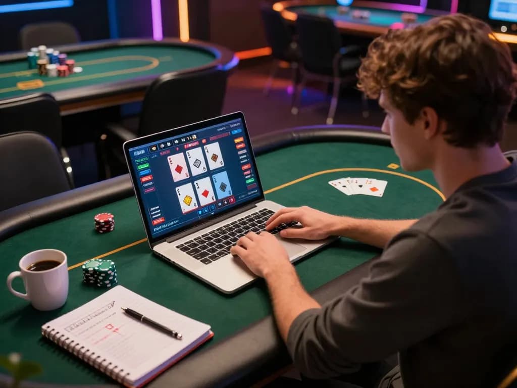 uu88 player engaging in online poker with live dealer, warm atmosphere and strategic environment.