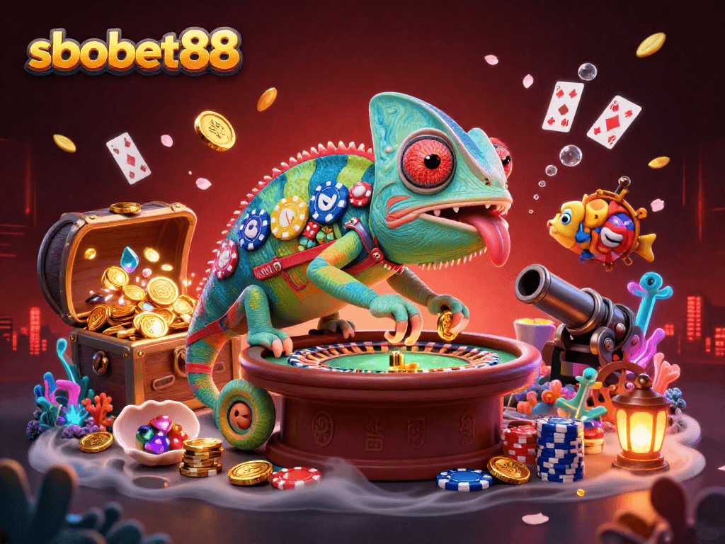 Engage with sbobet88's vibrant gaming world through a dynamic 3D casino illustration featuring a colorful chameleon in action.