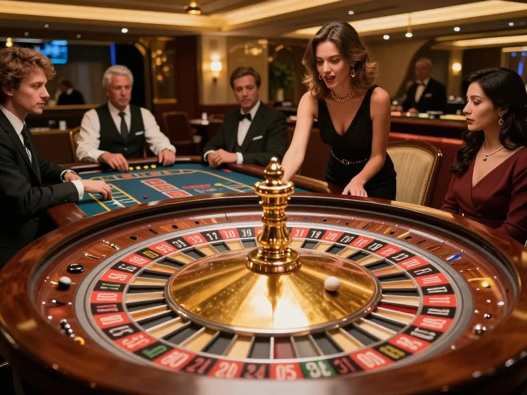 Players engaging in a thrilling round of roulette at nhà cái 388bet, showcasing strategic betting in an elegant casino.