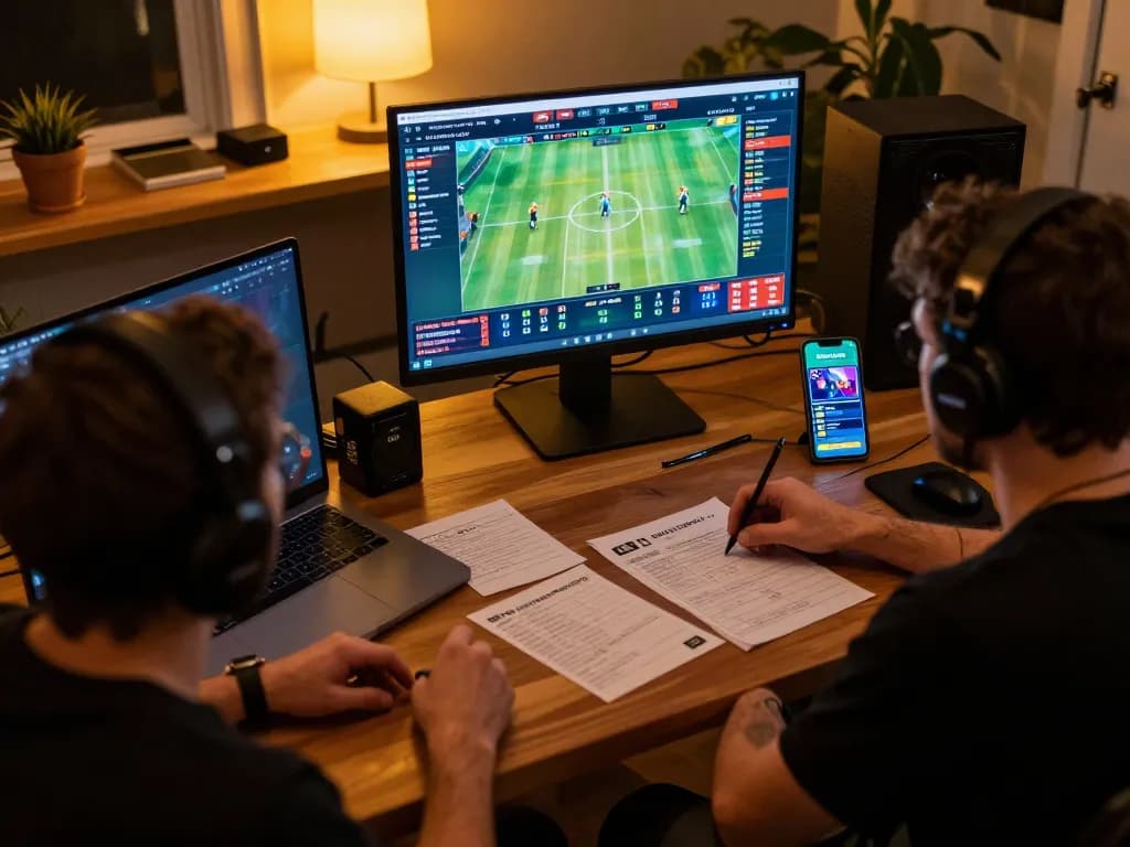 B52club players engaging in live sports betting from a cozy home office with dynamic betting interface.