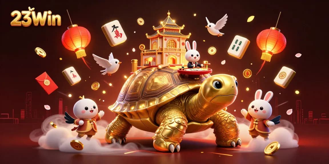Experience 23Win with a vibrant 3D casino illustration featuring games and golden tortoises.