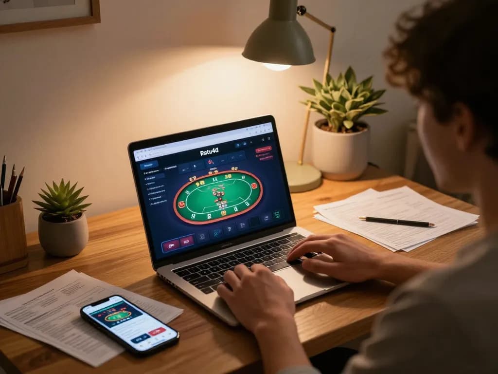 Engaging in Ratu4d online casino gaming session on laptop with poker game display