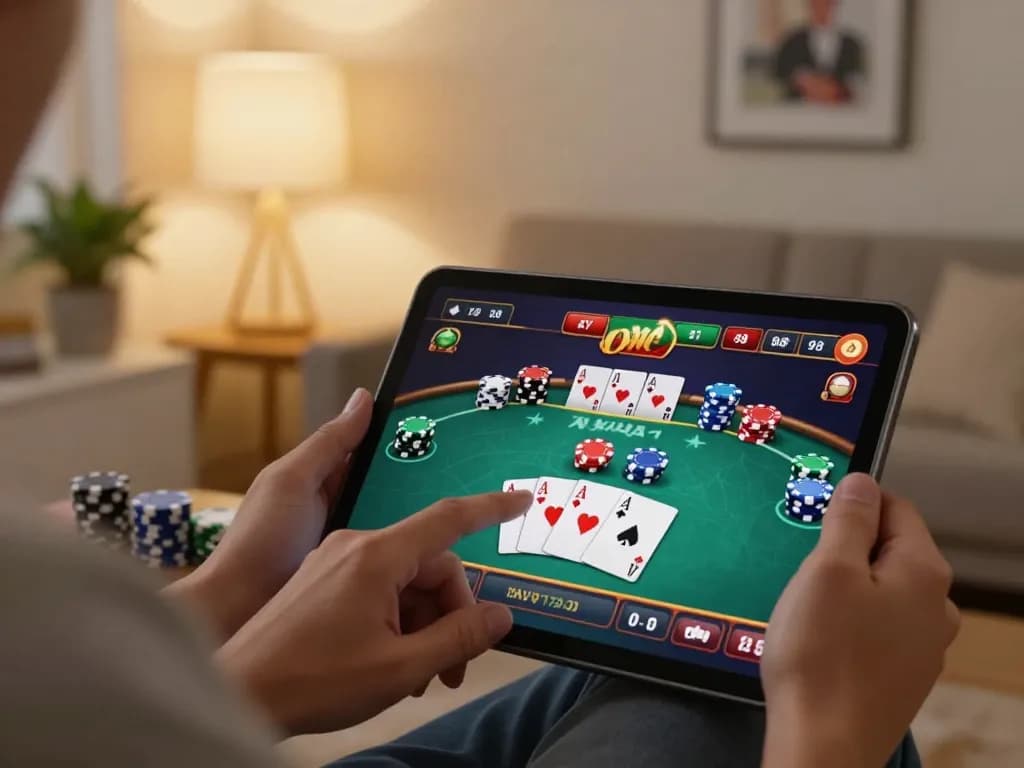 Player enjoying an online poker game at home using LV88 tablet, showcasing engaging gameplay.
