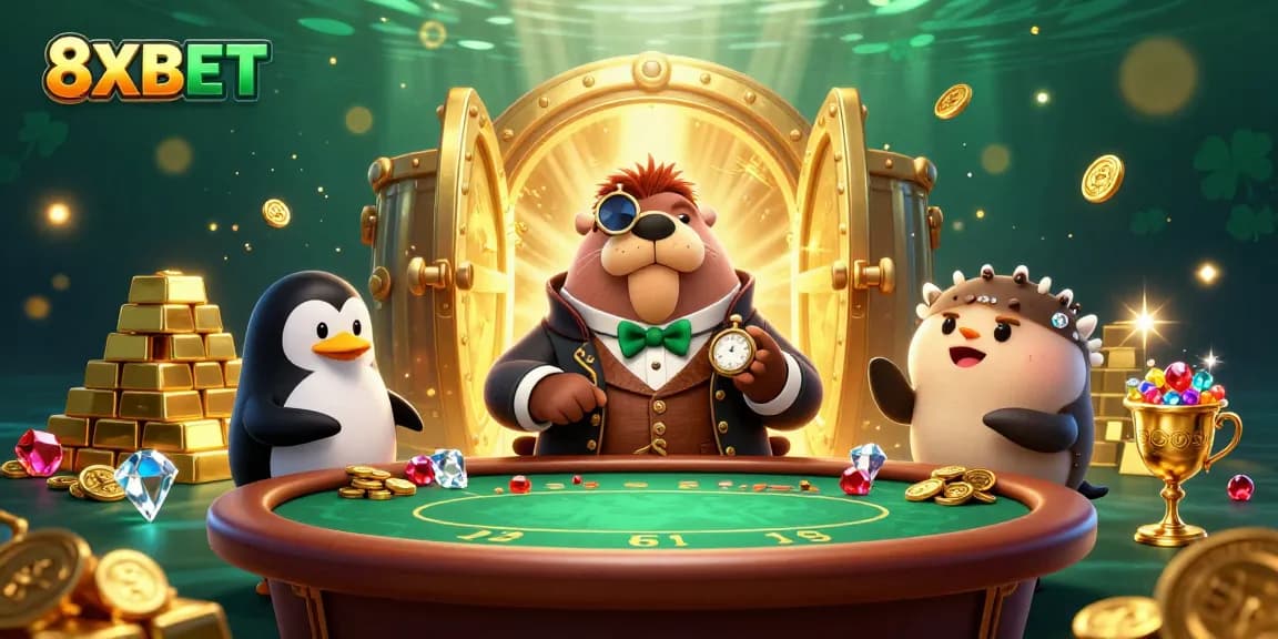 Engage in thrilling poker with 8XBET at an underwater casino featuring delightful characters.