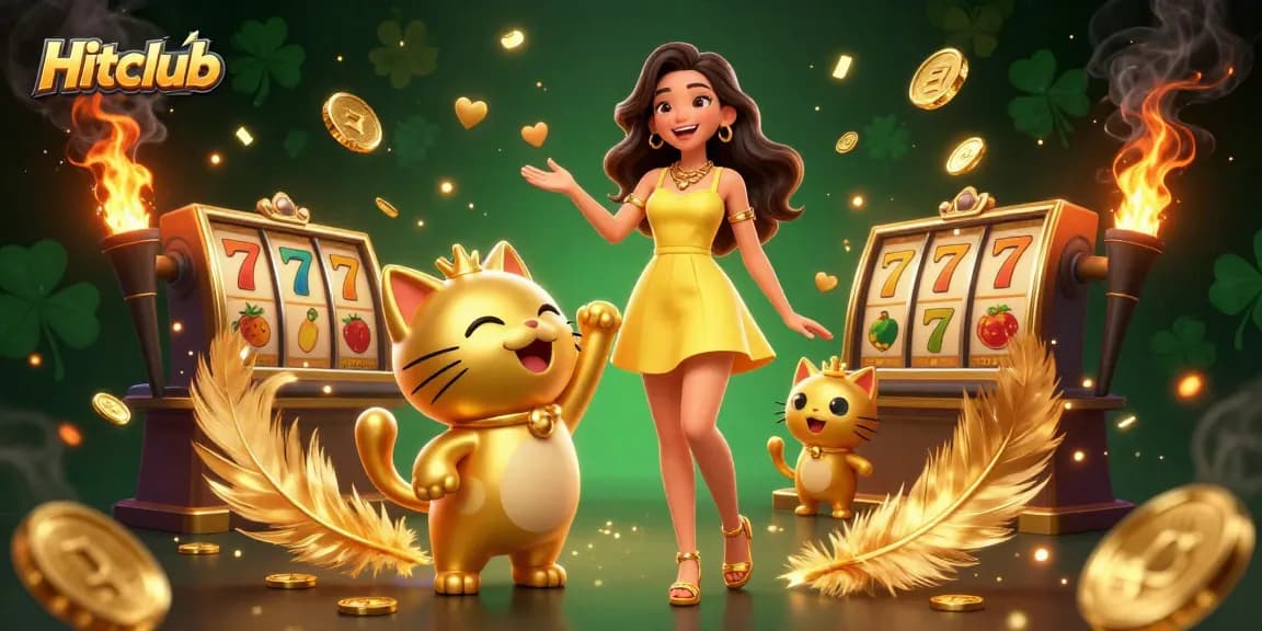 Engage with Hitclub's vibrant casino experience with a cheerful character and golden elements.