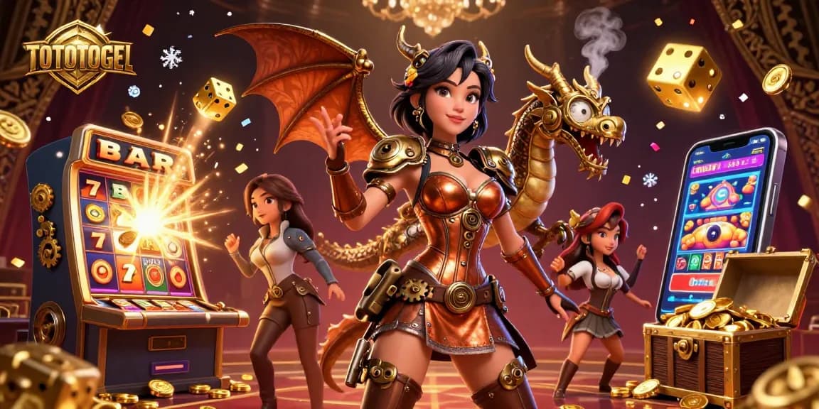 TOTOTOGEL brings thrilling casino action alive with a stunning woman and clockwork dragon amid jackpot celebrations.