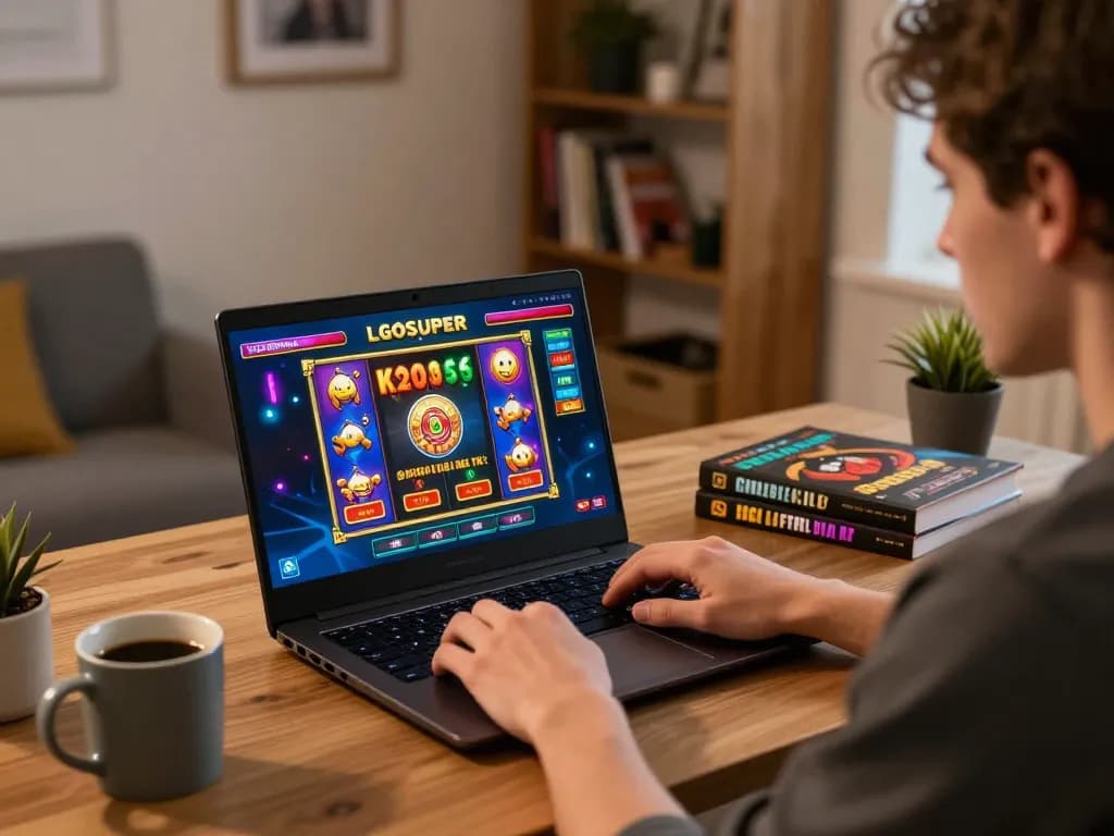Engaging gameplay on LGOSUPER where a player enjoys a vibrant slot game at home.