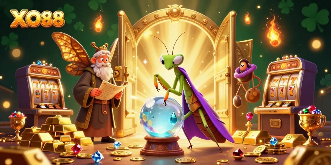 Win big at XO88 with this vibrant, dynamic 3D illustration of fortune-telling characters and slot games.